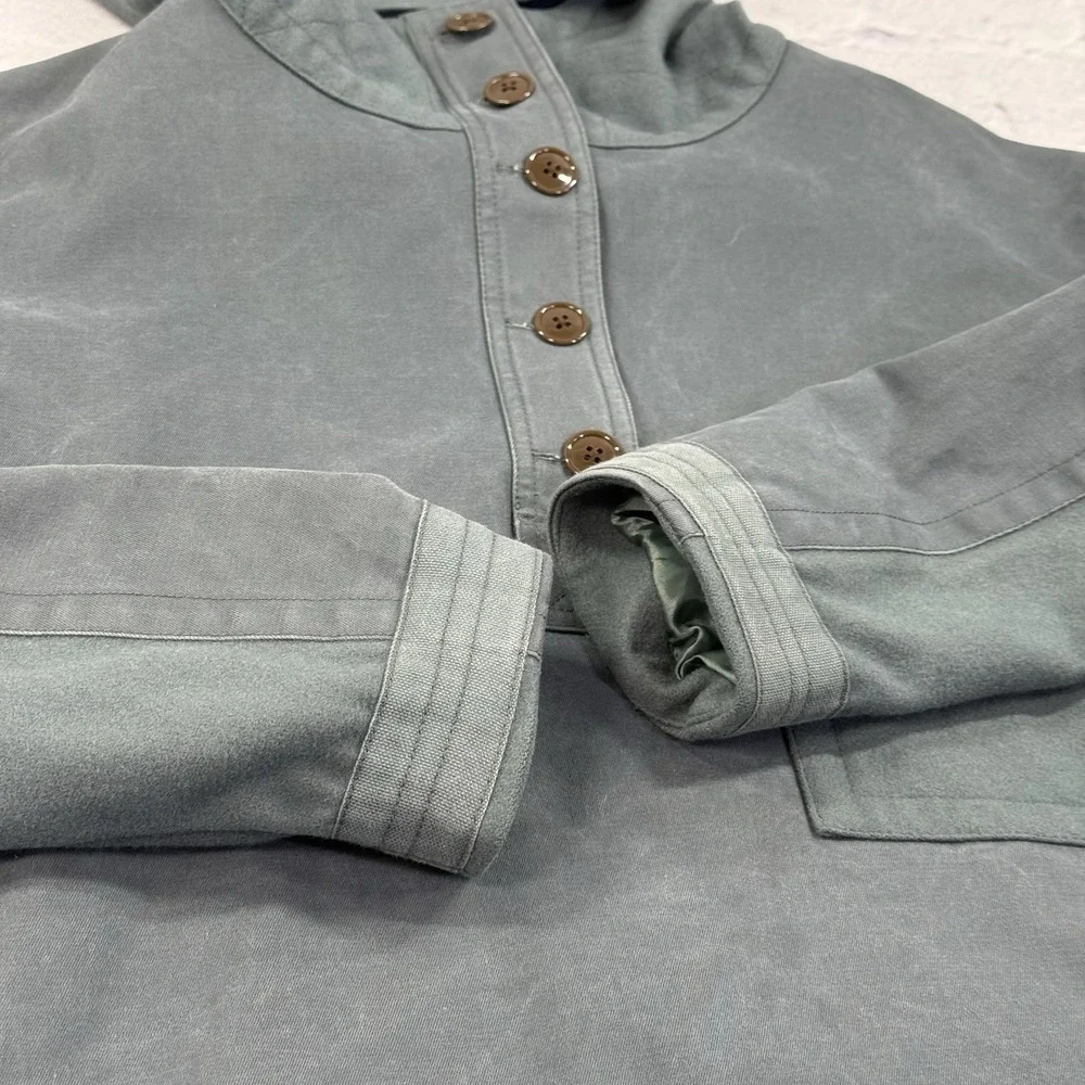 J. Crew Anorak Hooded Pullover Jacket Womens L 1/4 Button High Low Canvas Fleece